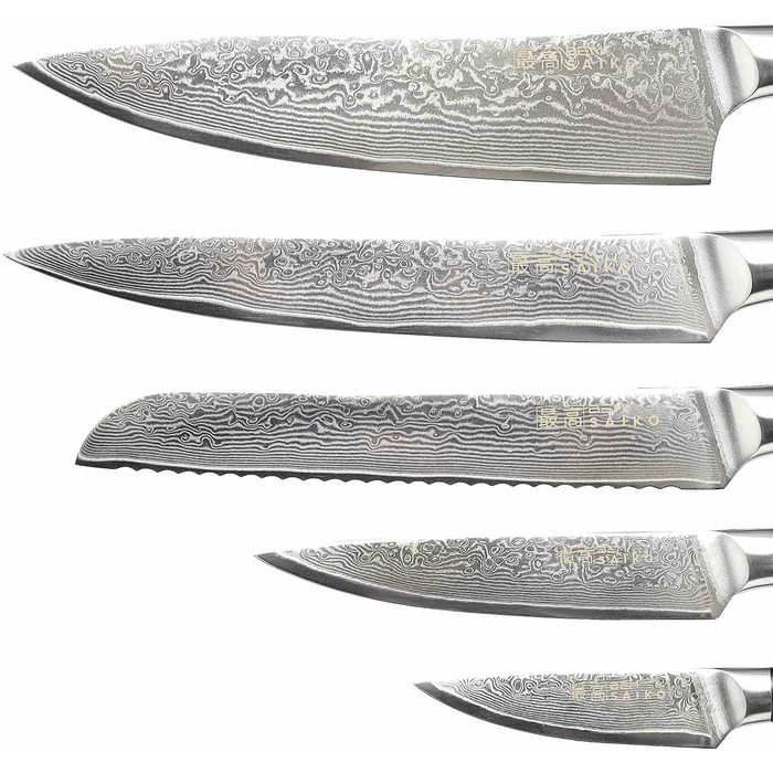 Набір кухонних ножів BEM Master Chef 6 шт. з підставкою: кухонний, овочевий, хлібний, універсальний ножі + точилка (дамаст)