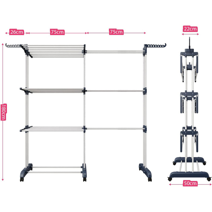 Сушарка для білизни 3-ярусна, турбо-тип, 75-200см, висувна, з 2 обертовими крилами, висота 180см, економна, на колесах для квартири, балкону та саду (сіра)