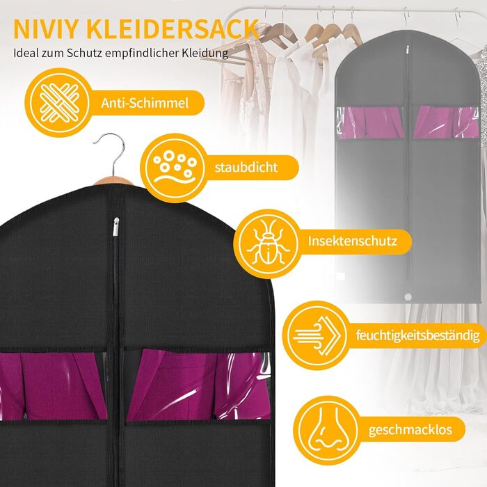 Чохли для одягу Niviy 5 шт. 110x60 см, чорні, з блискавкою, з оксфордської тканини, для костюмів, суконь, пальто, піджаків, зберігання