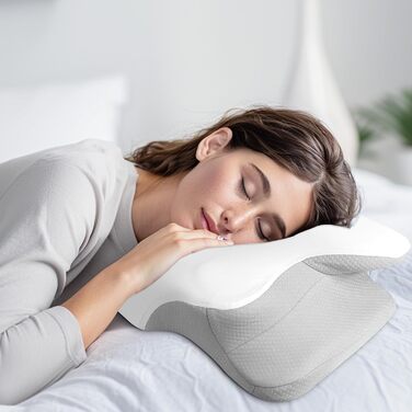 PHYSEN Orthopedic Pillow, Head Pillow Neck Pillow made of Memory Foam, Ergonomic Neck Support Pillow Head Pillow Side Sleeper Pillow for Sides, Back & Stomach Sleepers, 62x41x13cm, White+Light Gray