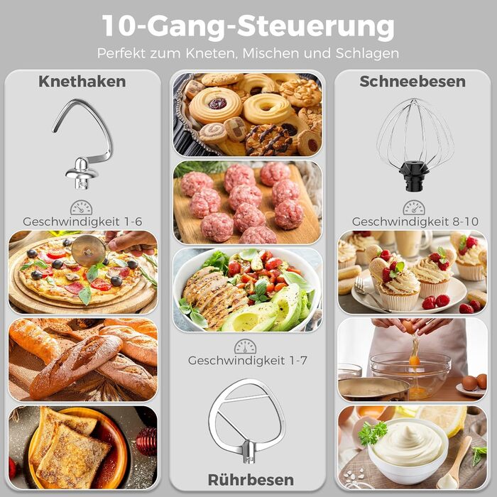 Кухонна машина YASHE 1500W з чашами 4.5 та 5L, 10+ швидкостей, нахильний корпус, гак для тіста, вінчик та насадка для збивання, багатофункціональна