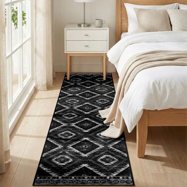 Килимок-довгий килим для коридору, кухні, вітальні та офісу. Нековзкий, з коротким ворсом, пральний, складаний, у стилі бохо, чорно-білий (60 x 180 см)