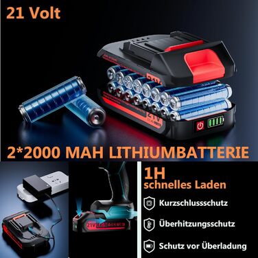 Акумуляторний шурупокрут-дрель 21V з акумулятором 4000mAh, 45Nm, 25+3 ступені, 2 швидкості, LED, 2 акумулятори 2.0Ah та зарядний пристрій, для дому та саду, DIY проєкти (Блакитний)