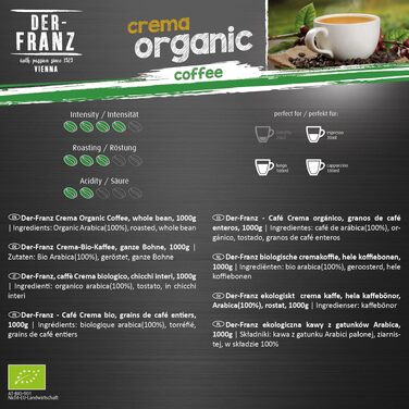 Кава в зернах Der-Franz Crema Bio, органічна, 1 кг (набір 4 упаковки)