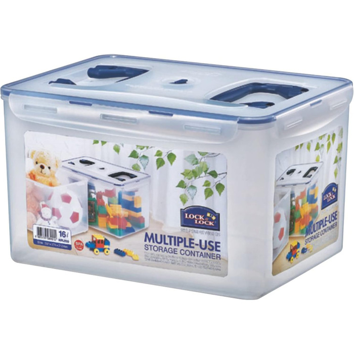 LocknLock PP CLASSIC Storage Box with Lid and Handles | 16 L, 361 x 274 x 212 mm | 100% Airtight | Semi-Transparent Storage Container | Storage Box with Lid for Household Items