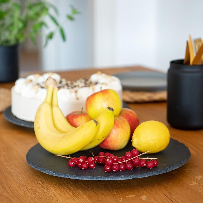 Rotating slate plate round, serving platter, cake plate, sausage plate, cheese plate. The slate cake plate with foot, serving platter, rotating turntable, tiered serving stand, decorative tray, table decoration.
