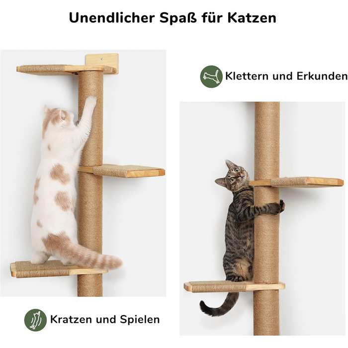 Kratzbaum, 5-story cat tree reaching the ceiling (206 cm), wall-mounted cat tree, made of natural rubber wood, for cats to climb, scratch, look out, and play.
