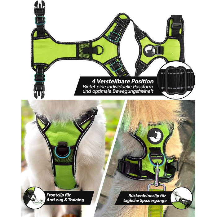 Нашийник для собак Joytale середнього розміру, світловідбиваючий, дихаючий, регульований, з ручкою для тренувань, M (1 шт., зелений)