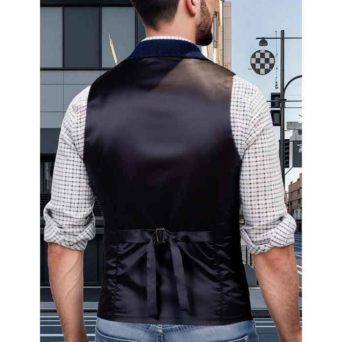 Чоловічий жилет твідовий ретро смокінг Slim Fit AIEEOE з кишенями, темно-синій, XL