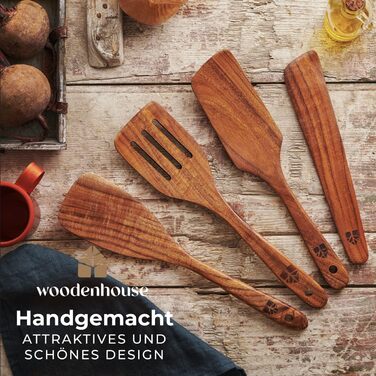 Набір дерев'яних лопаток для кухні Pfannenwender Holz (4 шт.) - лопатка, ложка-шумівка, шпатель, скребок. Без BPA, міцний кухонний посуд для антипригарних сковорідок