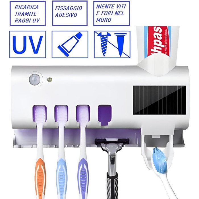 Тримач для зубних щіток S.I.C з УФ-дезінфекцією, LED-підсвіткою та дозатором пасти, для 4 щіток (білий)