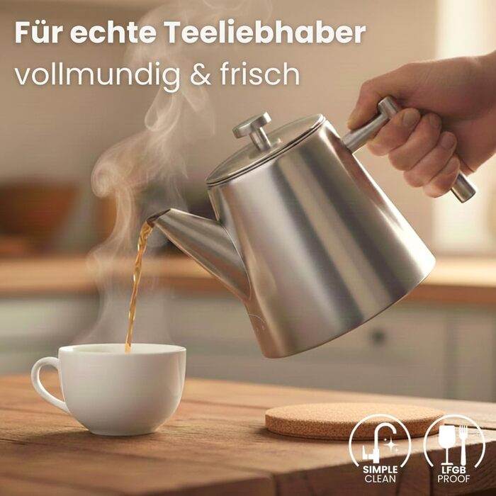 Заварник для чаю Teekanne з ситечком, 1 л, нержавіюча сталь, з функцією підігріву та пробковим підстаканником, двостінний чайник для листового чаю та трав'яних настоїв