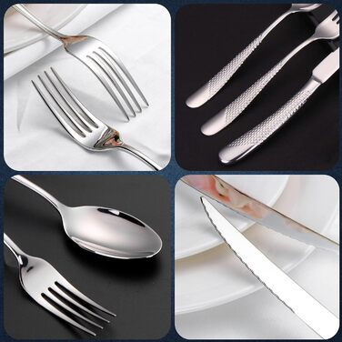 DAFFODILY Cutlery Set. Hammered 18/10 Stainless Steel Dinnerware. Mirror Finish, ultra-sharp steak knives, dishwasher safe. (Silver, 20)
