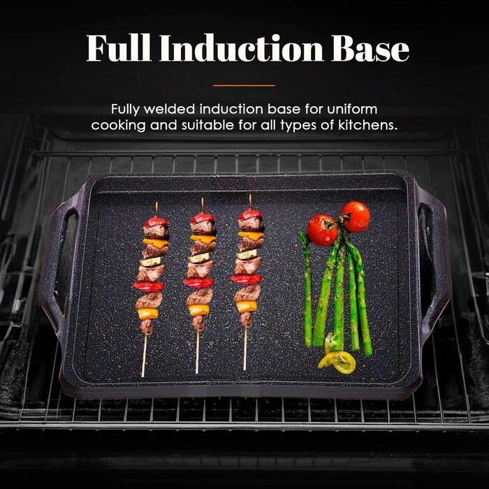 Гриль-пластина WECOOK! Ecochef Titan 37x25 см, алюмінієва, з антипригарним покриттям Quantanium, для індукції та всіх типів плит, знімні силіконові ручки, чорна