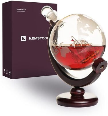 Kemstood Whisky Decanter Globe Set (850 ml) - Elegant Whiskey Decanter with Glasses, Wooden Stand, and Engraved World Map - Whiskey Gift Set/Gifts for Men Who Have Everything, Whiskey Decanter