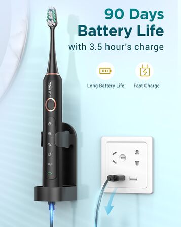 Електрична звукова зубна щітка для дорослих з 8 насадками та кейсом для подорожей, 5 режимів, водонепроникна IPX7, до 90 днів роботи від акумулятора, чорна (1 шт)