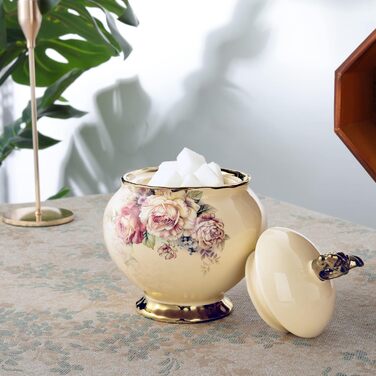 Fanquare White Porcelain Sugar Bowl with Lid, English Royal Family Sugar Pot, Rose Ceramic Sugar Bowl for Coffee Service Set