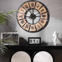 Large Vintage Wall Clock Living Room No Ticking Sound Modern XXL Wall Clocks Roman Numerals Retro Decor (Ø 50cm Diameter Antique Colorful) (Ø 50 Cm Antique Wood, Metal Wood-Look)