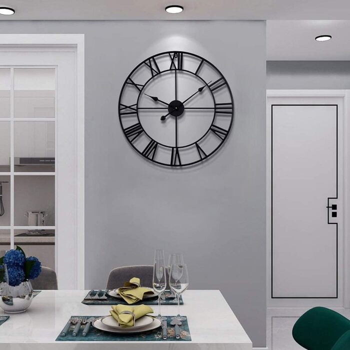 HAITANG Large Vintage Wall Clock, Black Round Metal Wall Clock Silent No Ticking, Battery Operated, 47cm Roman Numerals, Clocks for Living Room, Bedroom, Kitchen Decoration