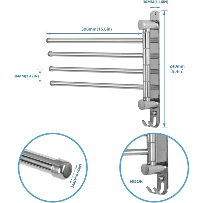 Підставка для рушників настінна поворотна 180° з нержавіючої сталі, 4-х віяльна, для ванної, кухні та гардеробу, срібляста