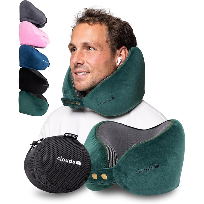 Подушка для шиї CLOUDS для подорожей - Memory Foam, 2 розміри, дихаючий чохол, 5 кольорів (зелений, L/XL)