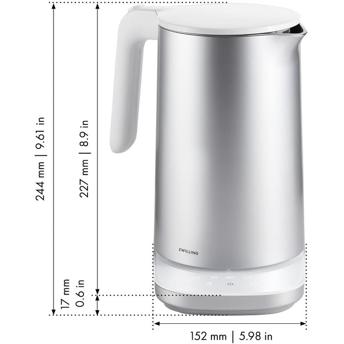ZWILLING ENFINIGY Water Kettle Pro with Temperature Setting, Stainless Steel Scale Filter & Keep-Warm Function, 1850 Watts, 1.5 Liters, Silver