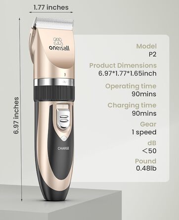 Oneisall Professional Pet Hair Clipper - Cordless Dog & Cat Grooming Kit - Electric Hair Trimmer with Gold Finish