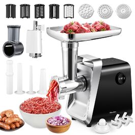 М'ясорубка електрична Hanchen 4-в-1 з насадками для ковбас та кубебе, 3 диски (3.5/5/7 мм) та овочерізка