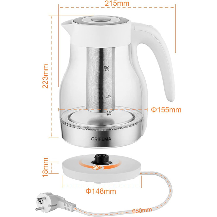 Електричний чайник GRIFEMA 0.8L, 1100W з фільтром від накипу, тихий, швидкий, BPA-Free, для подорожей, автоматичне вимкнення, захист від перегріву, білий (скло з ситом 1.7L)