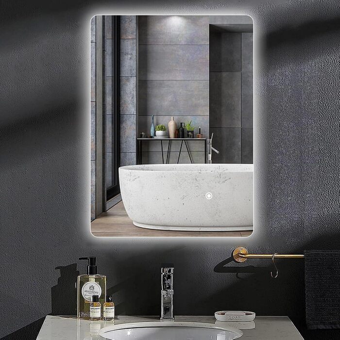 Дзеркало для ванної кімнати LED 50x70 см з підсвічуванням, сенсорне керування, регулювання яскравості, 3 кольори світла, без рамки