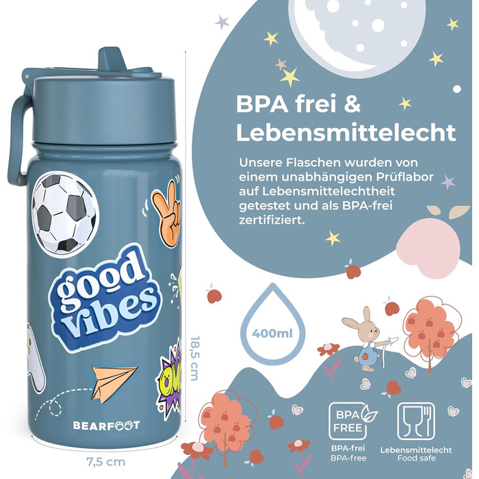 Дитяча термопляшка Bearfoot з нержавіючої сталі з трубочкою, 400 мл, без BPA, не протікає, для малюків, дівчаток та хлопчиків, ідеально для школи та садочка (Блакитна з наліпкою)