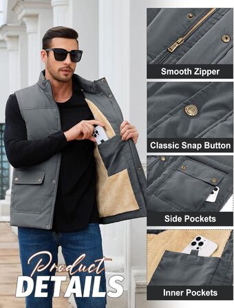 Xnova чоловіча зимова жилетка з підкладкою Thero Sherpa, тепла флісова жилетка, зимова куртка, жилетка для полювання, робоча жилетка, утеплена жилетка для активного відпочинку, сіра, розмір M