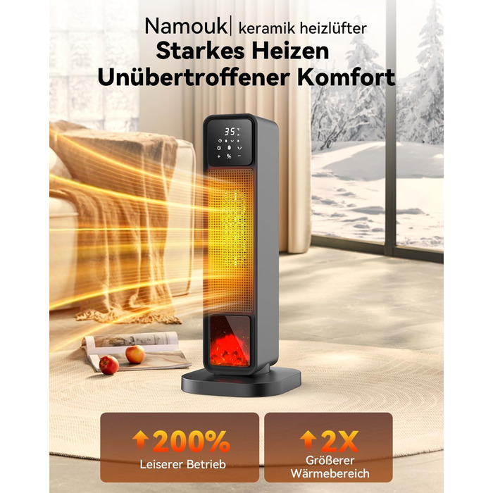 Електричний обігрівач PTC, 2200W, керамічний, з пультом, 4 режими, таймер 12H, термостат, ECO-режим, осциляція 70°, захист від перегріву та перекидання, для дому/офісу, чорний, 61 см