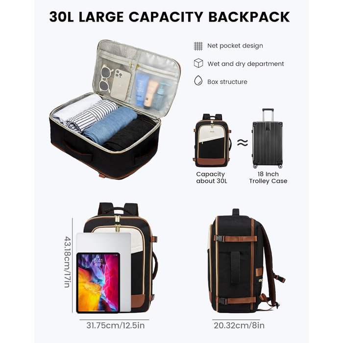 LOVEVOOK Рюкзак для жінок, великий, ручна поклажа, дорожній рюкзак 40x30x20, водонепроникний, рюкзак для ноутбука з відділом для ноутбука, туристичний рюкзак з відділом для взуття, шкільний рюкзак для школи, літака, кемпінгу, роботи, 15.6 дюймів - 30 л, 2