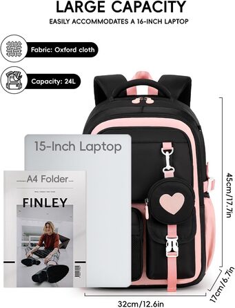 Шкільний рюкзак для дівчаток Tanou: стильний, зручний, з дихаючої тканини Oxford (3-5 клас, чорно-рожевий)