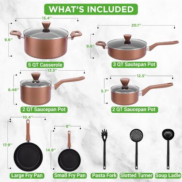 NutriChef 13-Piece Cookware Set | Non-Stick Pot and Pan Set for Induction | Pots Set for Gas, Electric & Ceramic Cooktops | PFOA-Free | Aluminum Pan Set with Ergonomic Brown Handles