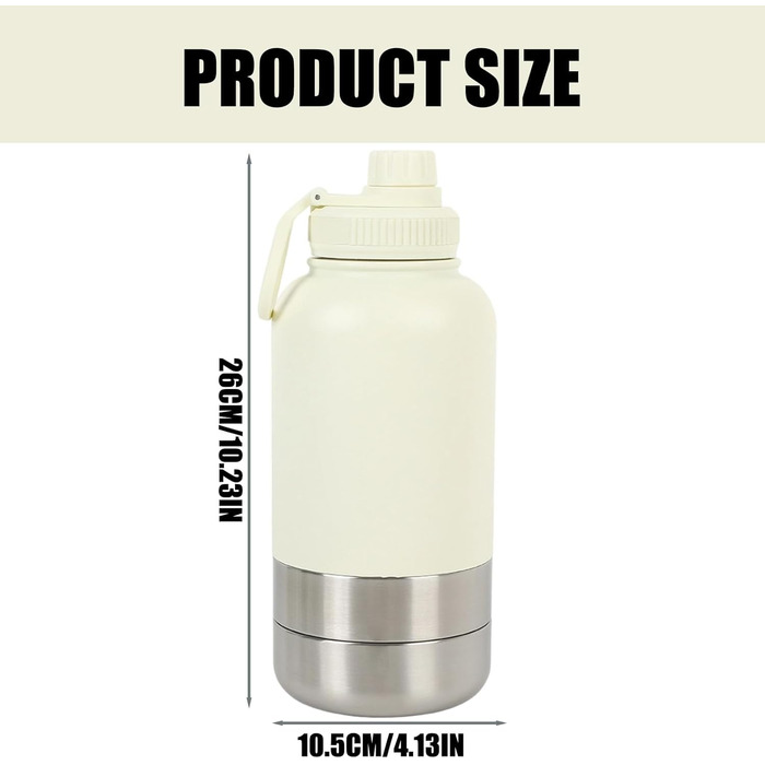 Водяна пляшка для собак Pets 950мл з мискою та ручкою, ізольована, нержавіюча сталь, BPA-free, для подорожей та прогулянок (кремово-білий, L)