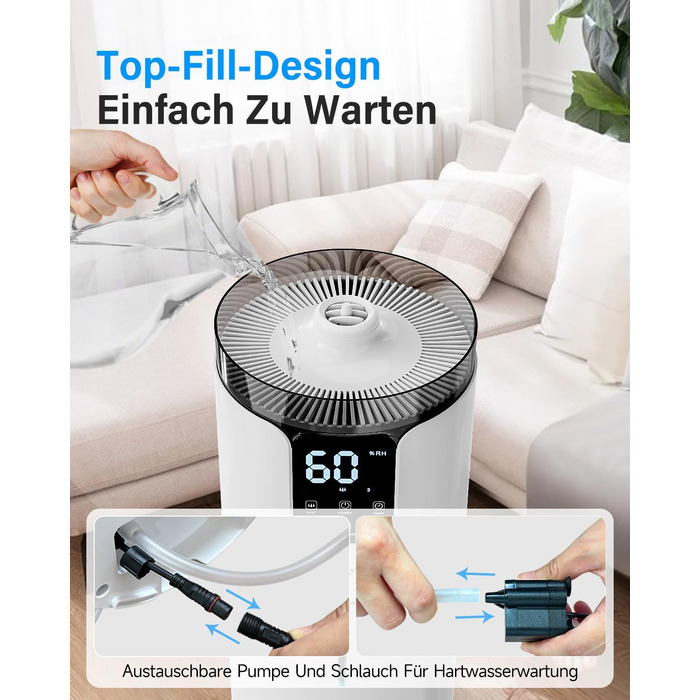 Ультразвуковий зволожувач повітря для великих приміщень 16 л, верхній залив, тихий, 1000 мл/год, до 100 м², з прохолодним туманом та аромадіфузором, для дитячої кімнати, офісу, рослин, білий