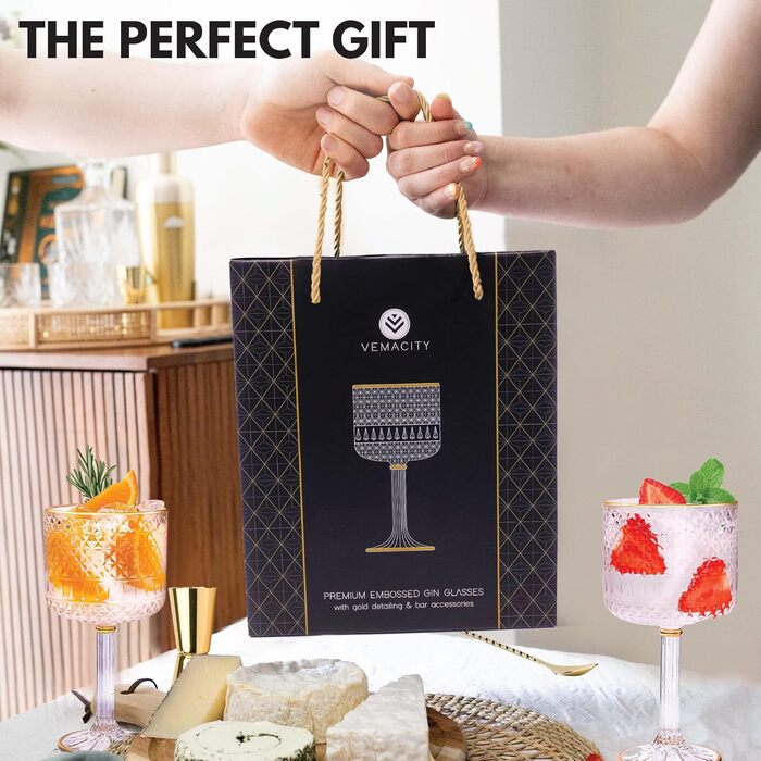 Набір келихів для джину Vemacity Luxuriöses Gin Gläser 2er Set: 2 келихи з золотими деталями (450 мл), ложка, мірний стакан, E-book з рецептами. Чудовий подарунковий набір.