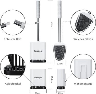 Набір щіток для унітазу Fowooyeen: силіконові, настінні, плоскі, з сердечком, елегантний дизайн, без свердління, 2 шт. (білий матовий)