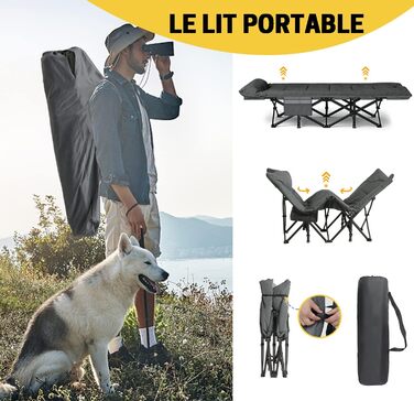 Складне кемпінгове ліжко ATORPOK, міцне для дорослих, до 250 кг, для відпочинку на природі, кемпінгу, подорожей, дому (сірий)