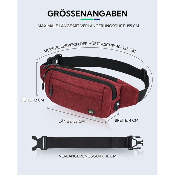WATERFLY Поясна сумка на пояс для чоловіків та жінок: спортивна сумка на талію, поясна фанка, для подорожей, прогулянок з собакою, активного відпочинку (Тьмяно-червоний)
