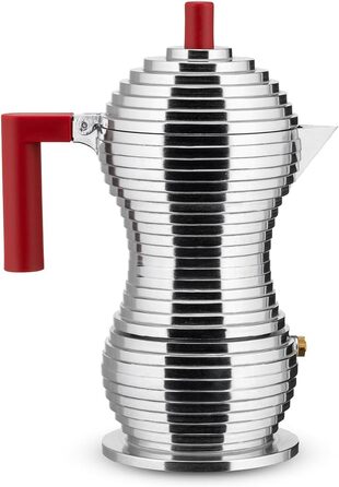 Alessi MDL02/3RFM Pulcina Espresso Machine - Cast Aluminum. Handle and Button - PA, red. Magnetic Bottom - 3 Cups