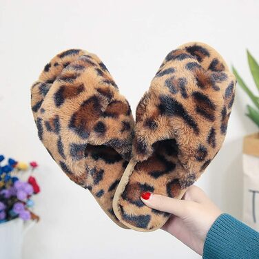 Жіночі зимові капці з плюшу Leopard — теплі та комфортні домашні тапочки на плоскій підошві, протиковзкі, коричневий леопард (розмір 37/38 EU)