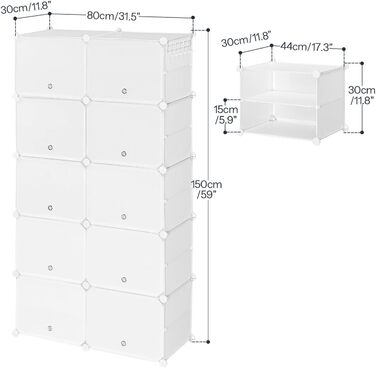 HOOBRO 8-Tier Shoe Rack, Shoe Cabinet, for 32 Pairs of Shoes, 40 x 30 x 30 cm per compartment, narrow, with doors, plastic, for living room, bedroom, hallway, entrance, White EWT28SC01G1 (10 Tiers, 80 x 30 x 150 cm), White)