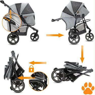 COOPER Складаний переносний візок для собак до 32 кг | Візок для тварин з регульованою висотою та кошиком для покупок | М'які ручки Soft Touch та світловідбиваючий дизайн | Ідеальний для транспортування домашніх тварин – Сірий