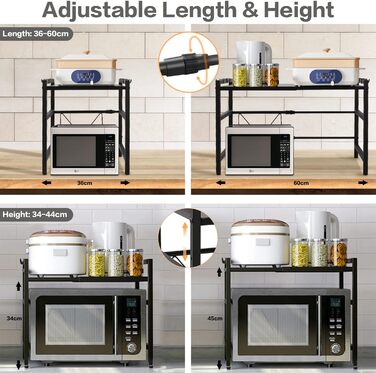 Підставка для мікрохвильової печі Todeco, 2-ярусна, чорна, з 6 гачками, регульована (36-60) x 36 x 44 см, до 25 кг