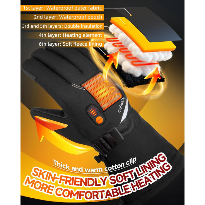 Електричні гріючі рукавички для жінок та чоловіків, зимові рукавички з підігрівом, чорні, з акумулятором 7.4V 6000mAh, 3 режими нагріву, сенсорний екран, водонепроникні