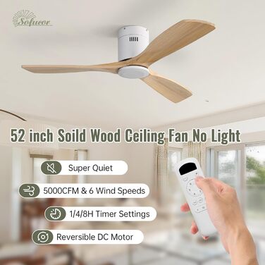 Стеляний вентилятор Sofucor з дистанційним керуванням, дерев'яний, 132 см, 6 швидкостей, DC мотор, тихий, з таймером, для спальні (без світла, монтаж врізний, натуральне дерево)