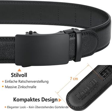 Чоловічий шкіряний ремінь LionVII з автоматичною пряжкою - 3,5 см, регульований, для відпочинку та бізнесу, обрізається під 75-125 см (30-49 дюймів), чорний – Кріфт (Чорний – Елегантність)